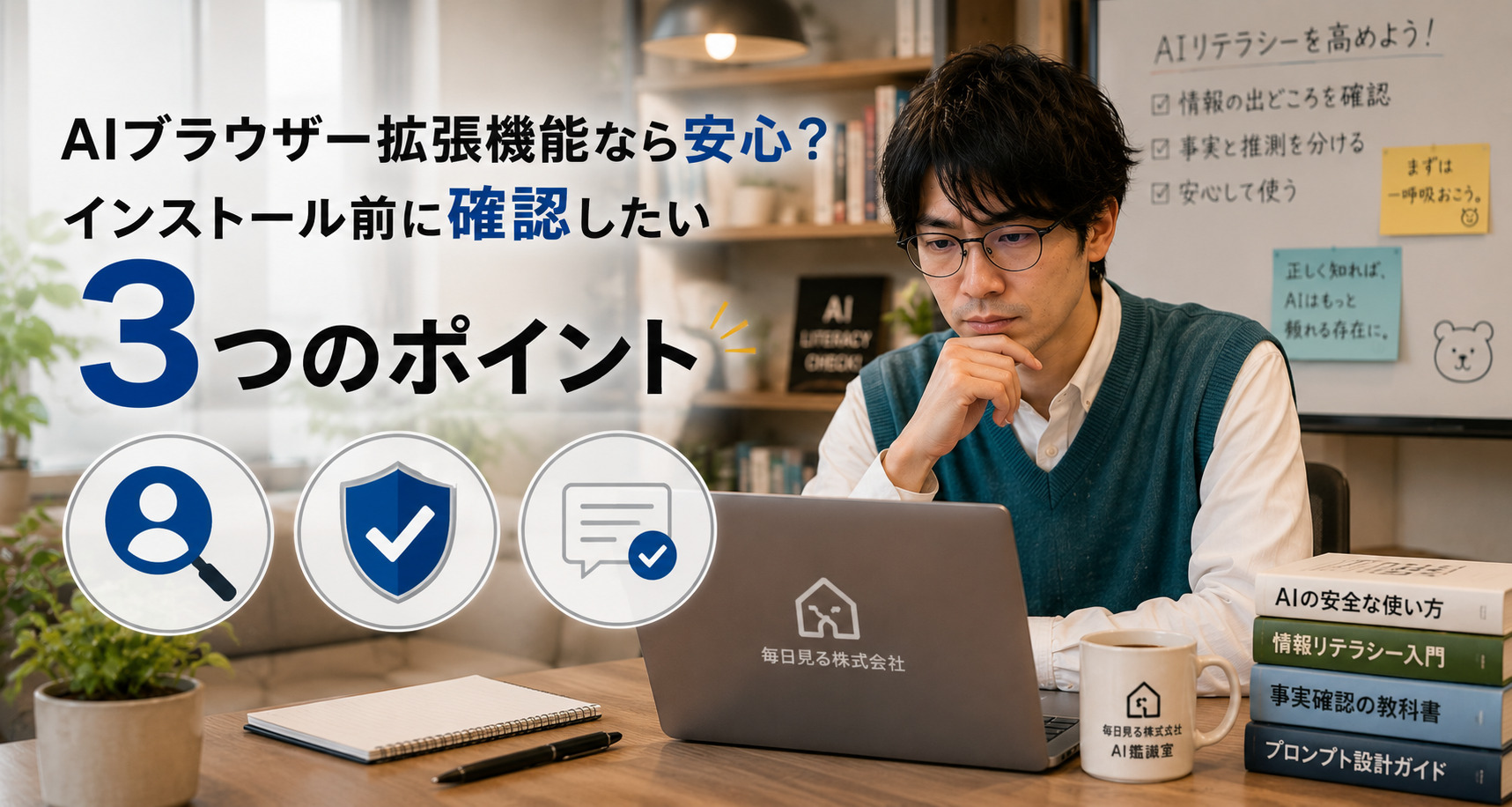 AIブラウザー拡張機能を入れる前に提供元や権限を確認するイメージ
