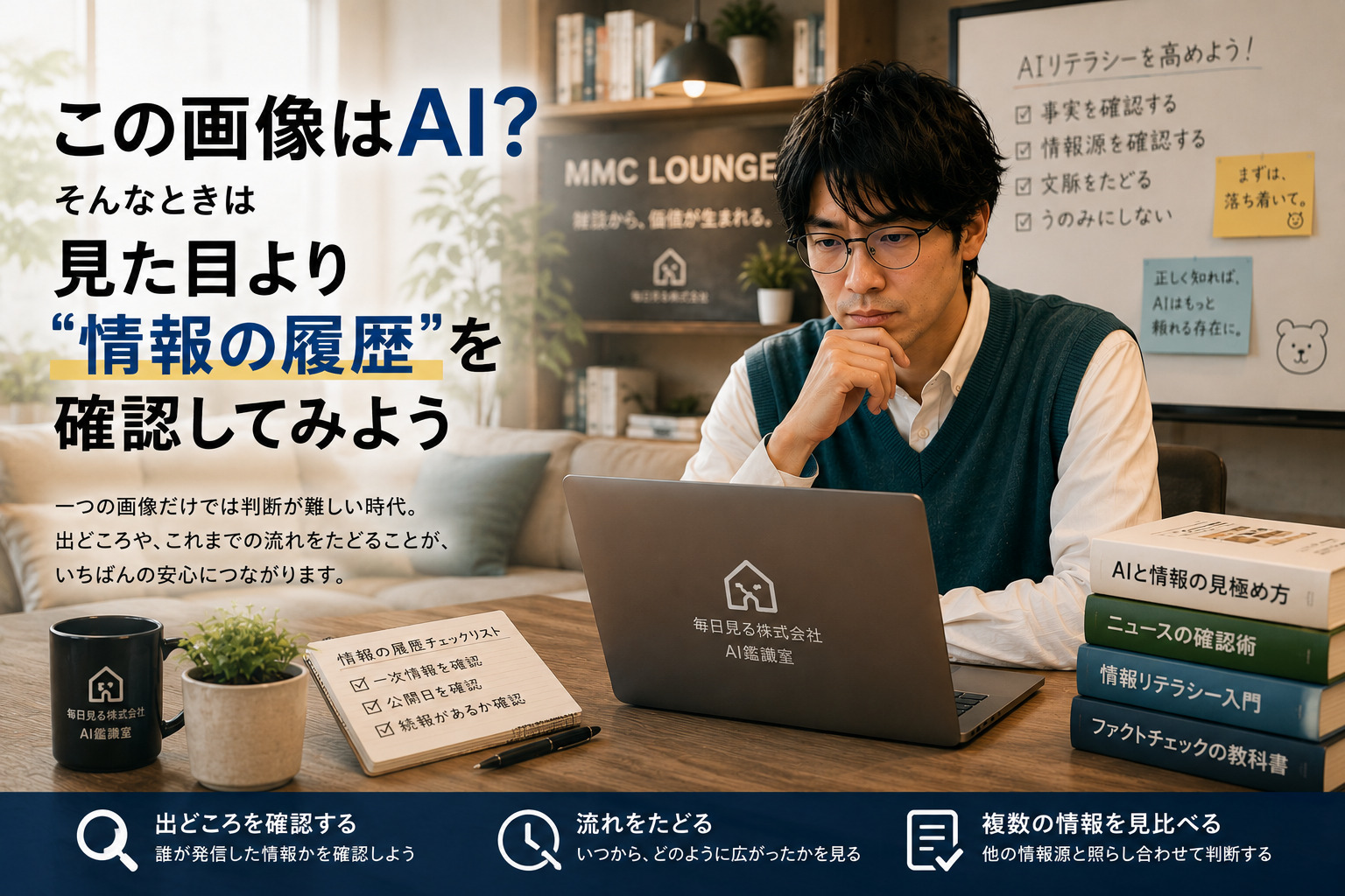 画像がAI生成か迷ったときに情報の出どころや履歴を確認するイメージ