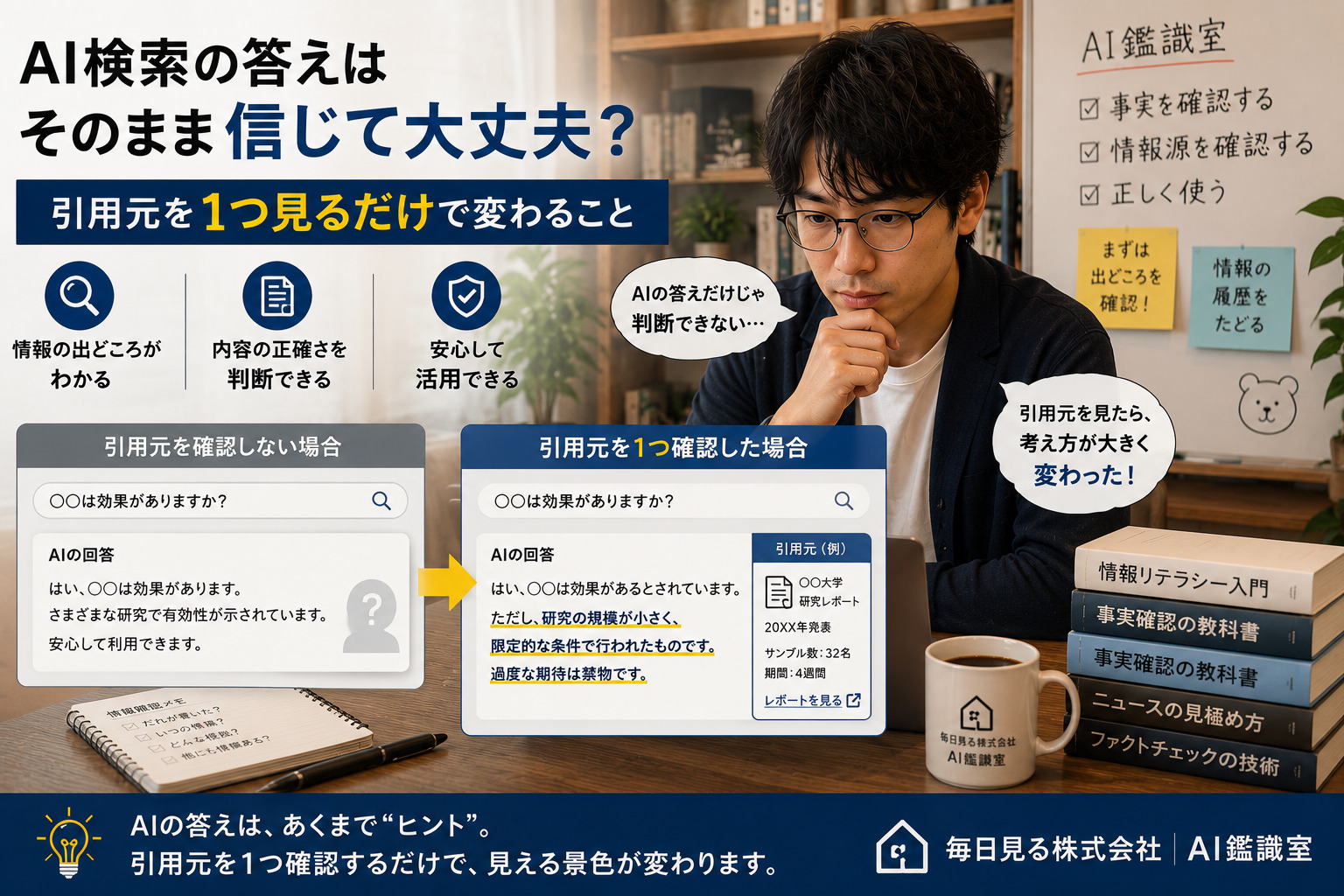 AI検索の回答と引用元の記事を見比べて確認するイメージ