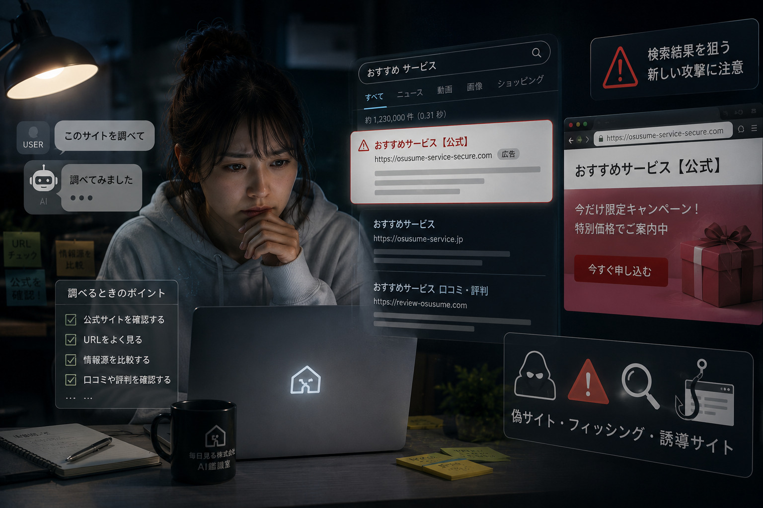 AI検索で表示された公式を装うサイトと正規URLを見比べる場面