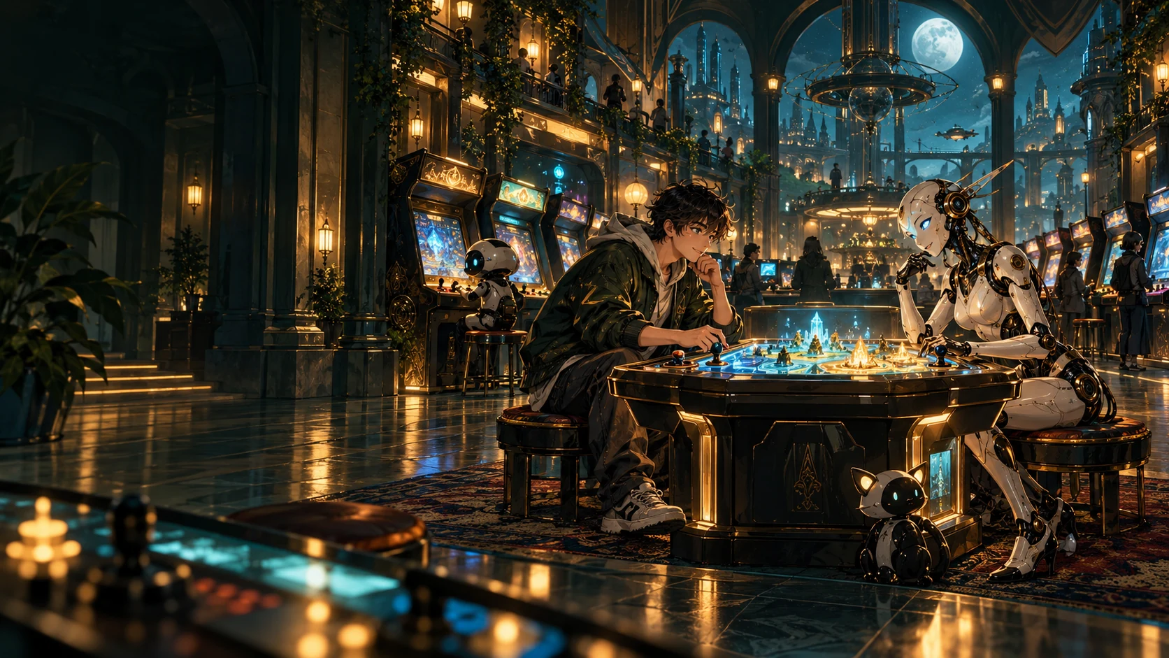 金色と青緑の光が輝く未来のゲームセンター。人間とAIロボットがゲーム卓で対戦し、奥では別のAIがゲーム機を操作している。