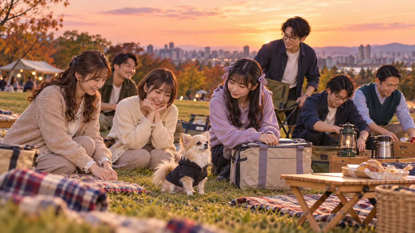 保冷バッグのそばでお座りするペチと、バッグを見守るねむちゃん