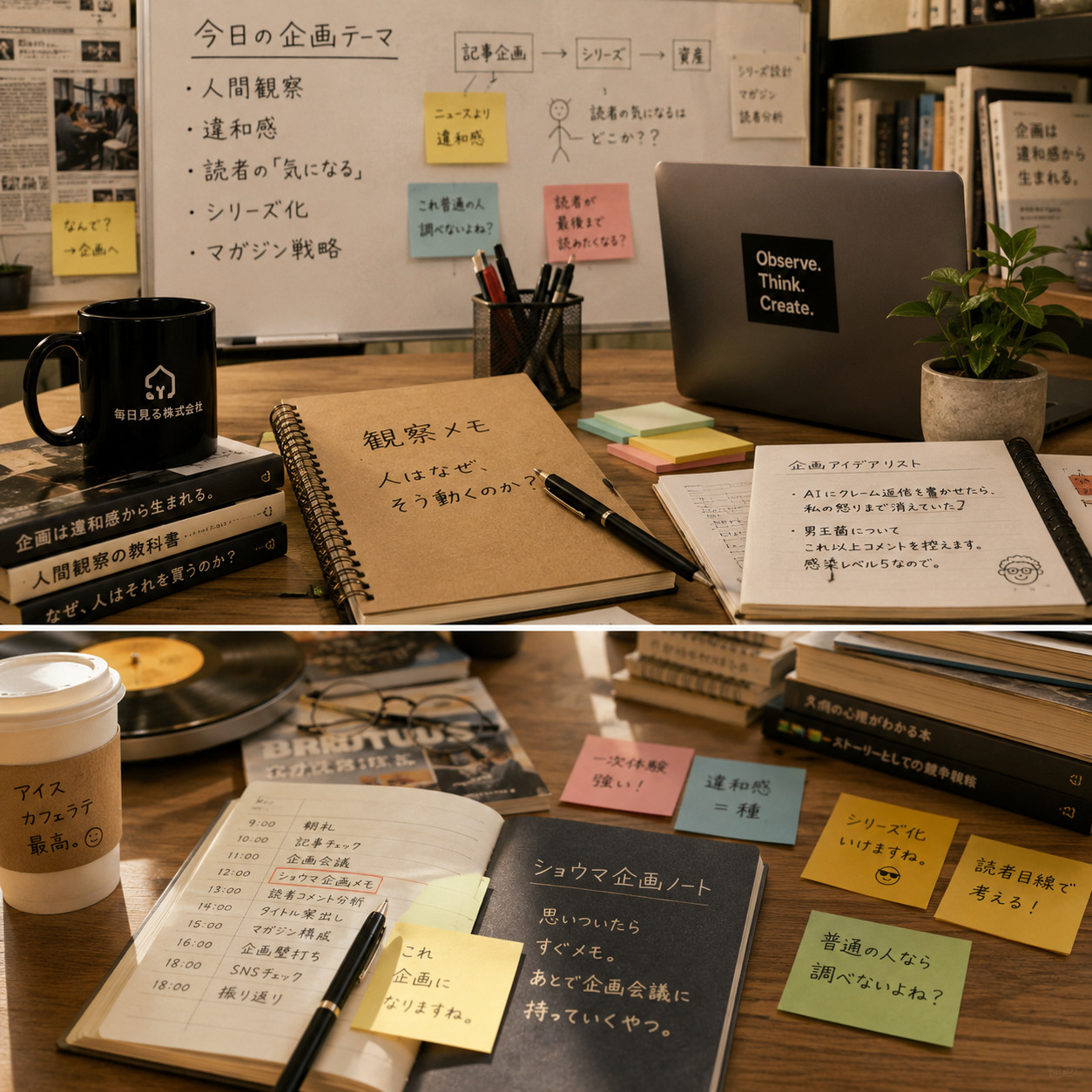 ショウマの企画メモやタイトル案を集めたイメージ