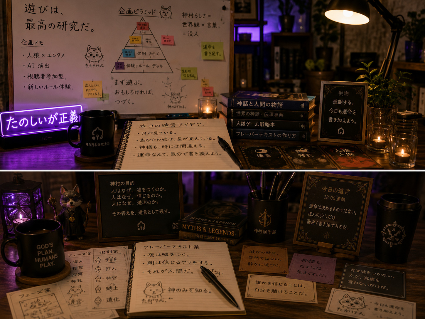 たかけんの神託ノートやゲーム制作メモを集めたイメージ