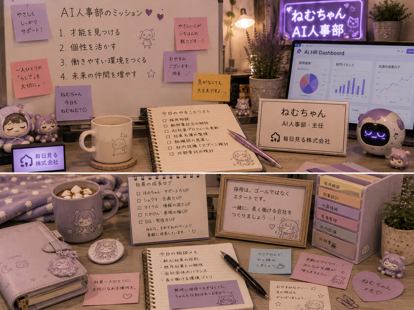 ねむちゃんの社員名簿や人事ファイルを集めたイメージ
