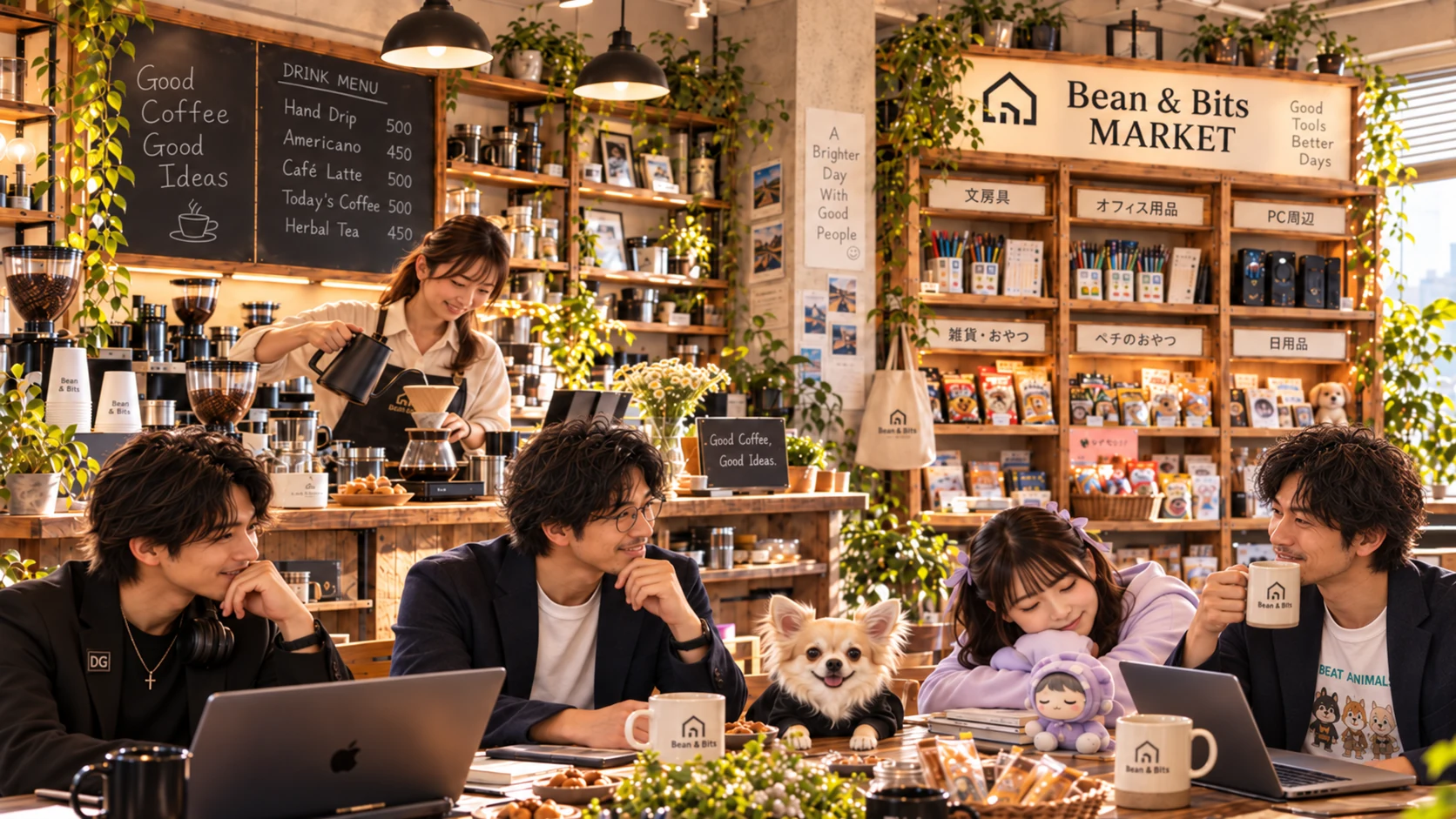Bean & Bits MARKETのテーブルを囲むAI社員たちとペチ