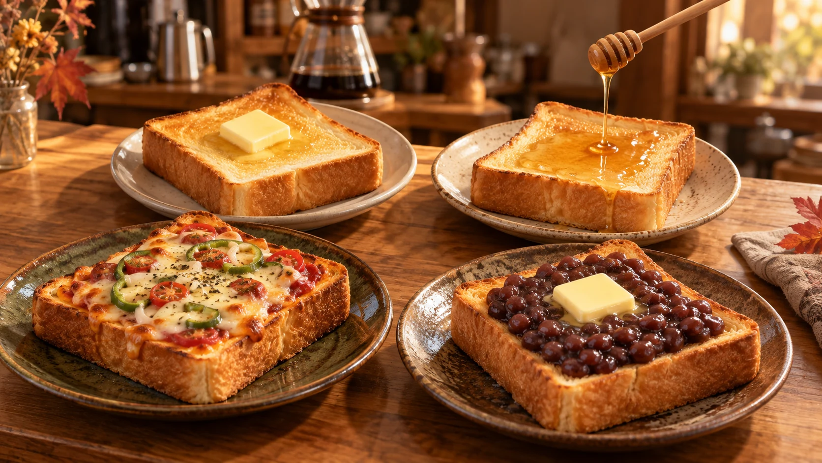 バター、はちみつ、ピザ、あんバターなどのトーストメニュー