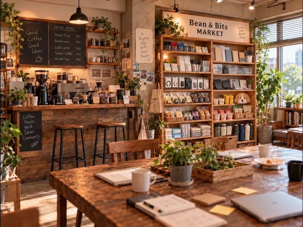 Bean & Bits MARKETの棚に文房具やおやつが並ぶ店内