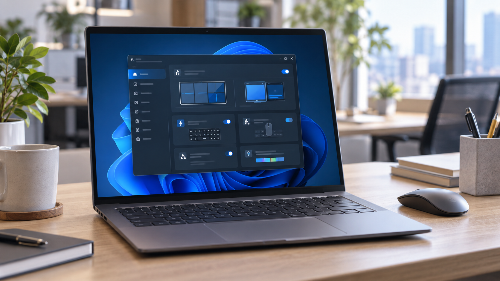 Windows 11の画面とユーティリティソフトを表示したノートパソコン